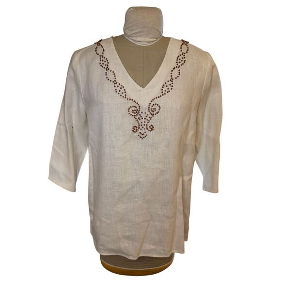 Choices 100% White Linen V-Neck Tunic Sz. L Beaded - Picture 1 of 9